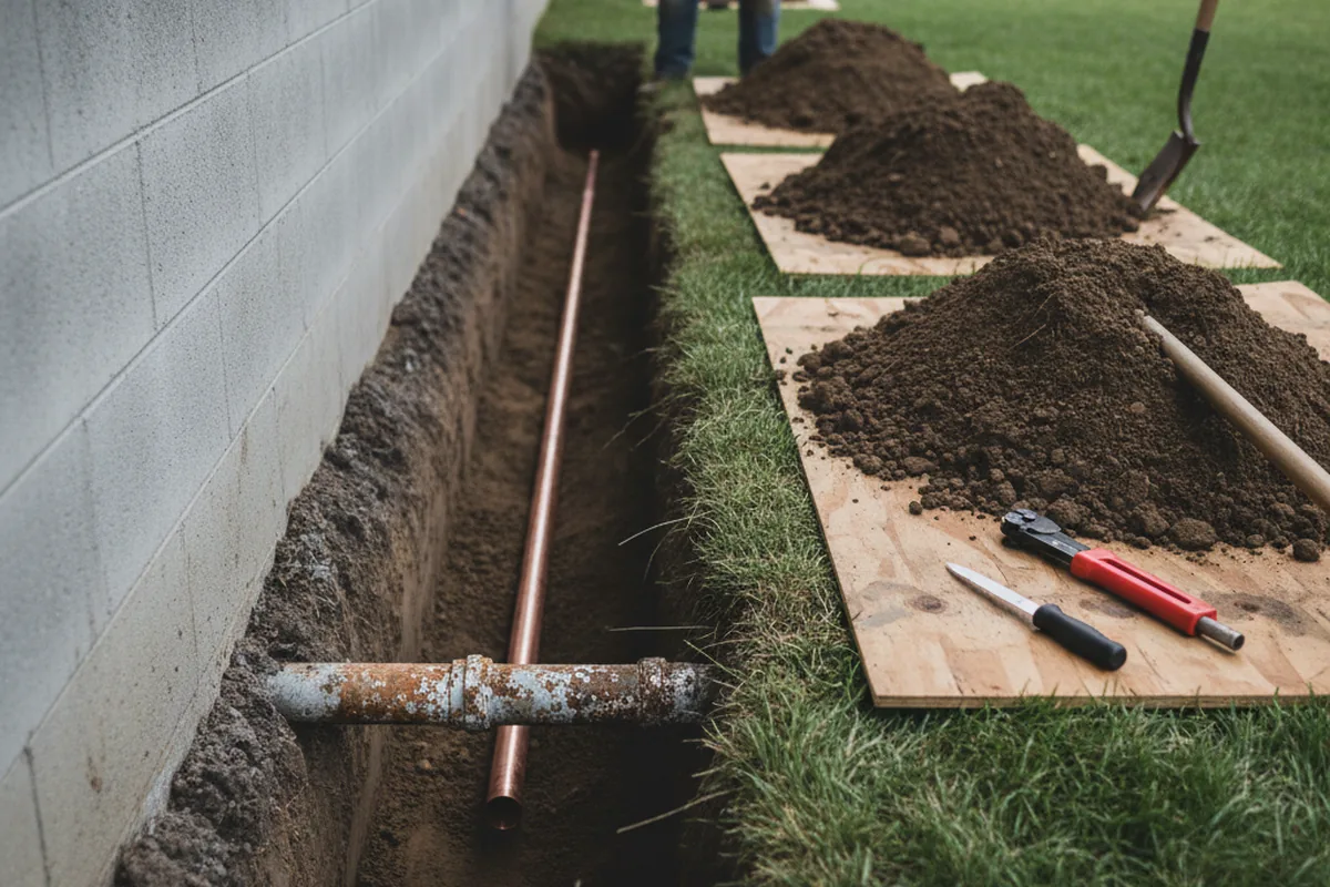 Excavated water line trench during Water Heater Repair in Boron